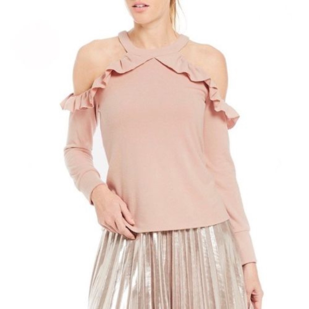 1.State Blush Pink Cold Shoulder Ruffle Sweater